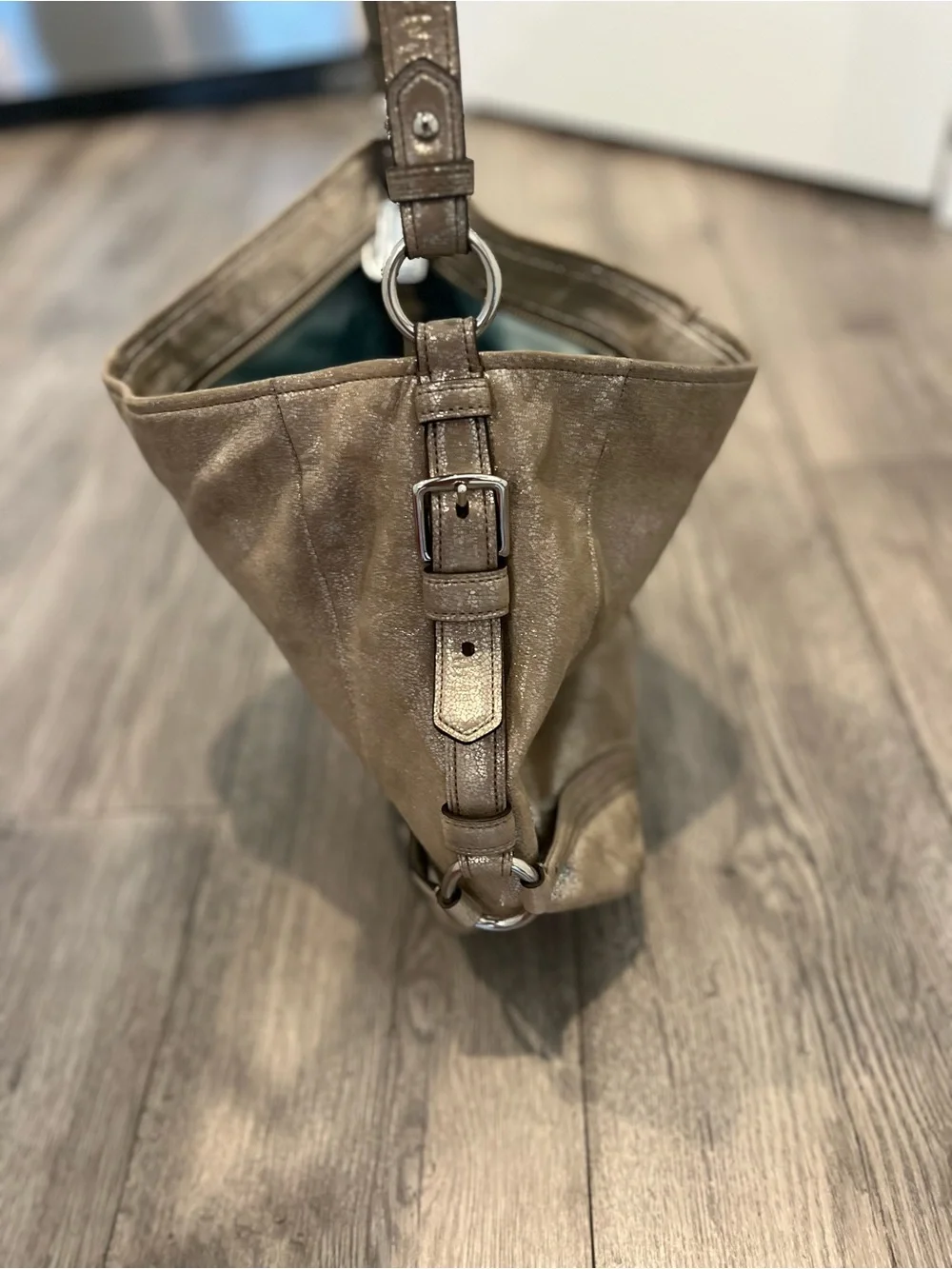 Coach Chelsea Metallic Leather Katarina Shimmer Hobo Shoulder Bag Champagne